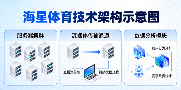 海星体育技术架构示意图，展示服务器、流媒体传输和数据分析流程