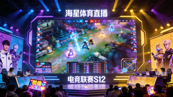 海星体育直播平台电竞比赛现场，大型屏幕上显示游戏对战画面