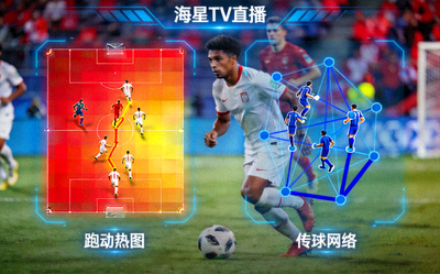 海星TV直播画面叠加实时数据可视化图表，显示球员跑动热图、传球网络等
